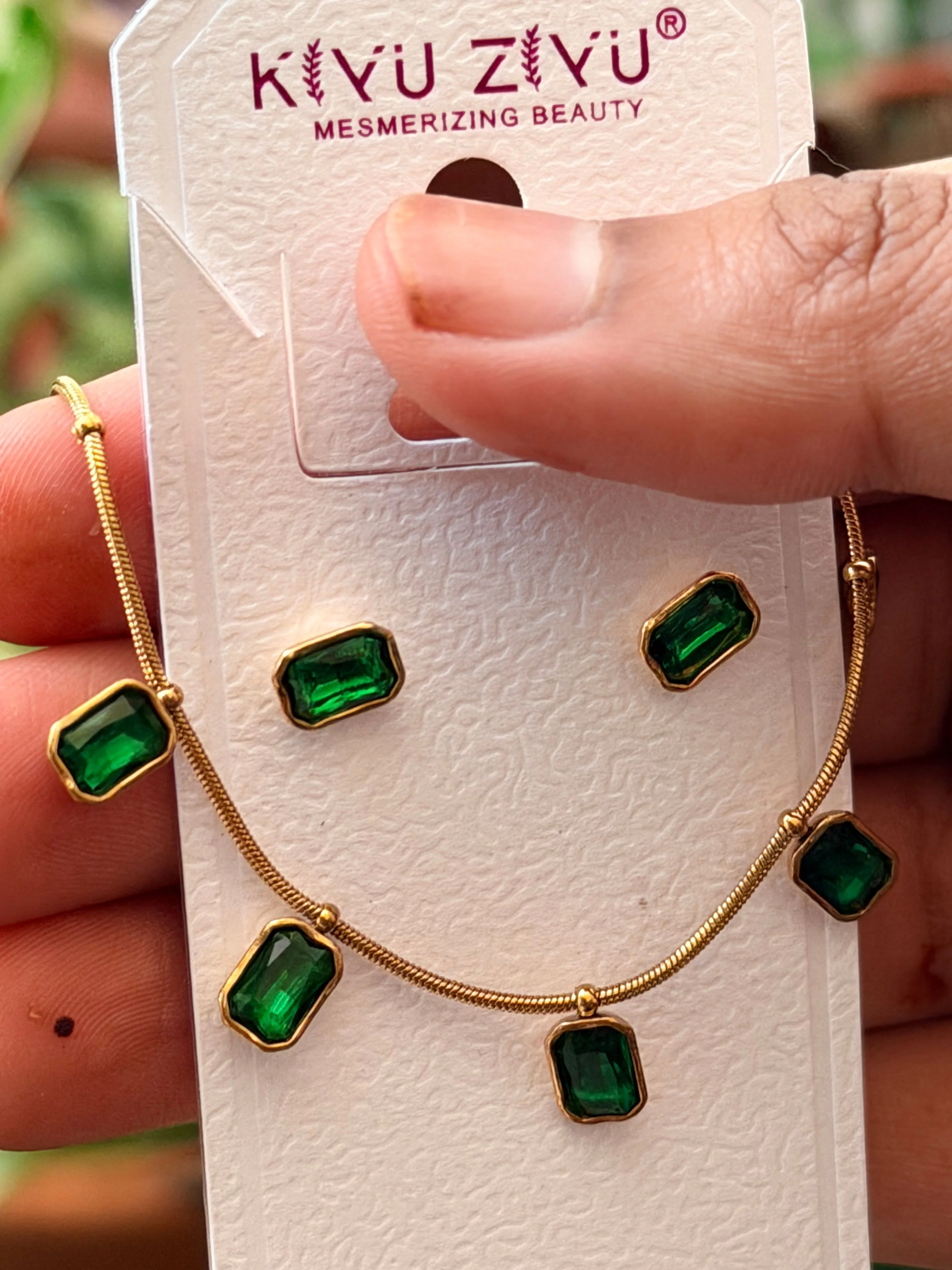 316L Anti Tarnish Emerald Necklace Set (with ear stud) 3